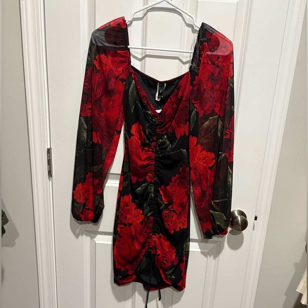 Sexy Floral Long Sleeve Mini Ruched Dress